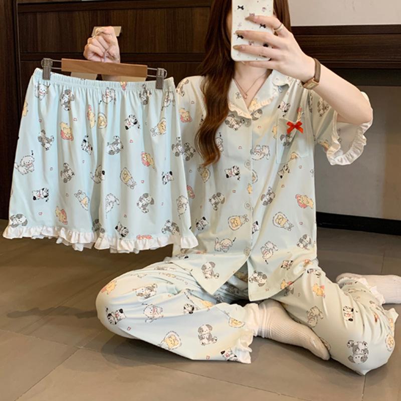 Cartoon Puppy Cute Fun Style Imitation Cotton Edge Pajamas Women's Summer Loungewear Short-sleeved Three-piece Set