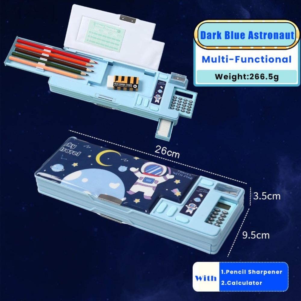 

Double Layer Pencil Case With Calculator/Pencil Sharpener Stationery Storage Box School Office Dark Blue-Astronaut