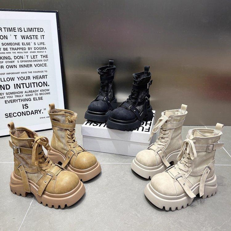 Martin boots women's 2025 new versatile splicing cloth thick-soled muffin strap casual locomotive boots small short boots