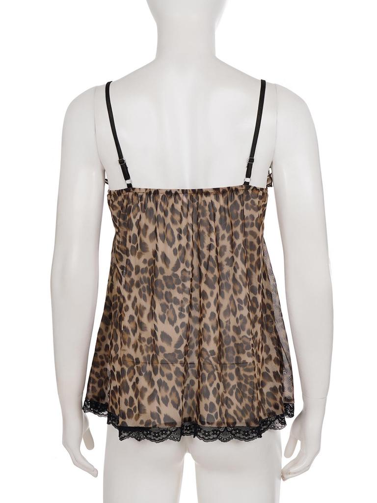 European Leopard Print Lace-Up Camisole with Bow Tie, Lace Trim, and V-Neck Slim Fit.