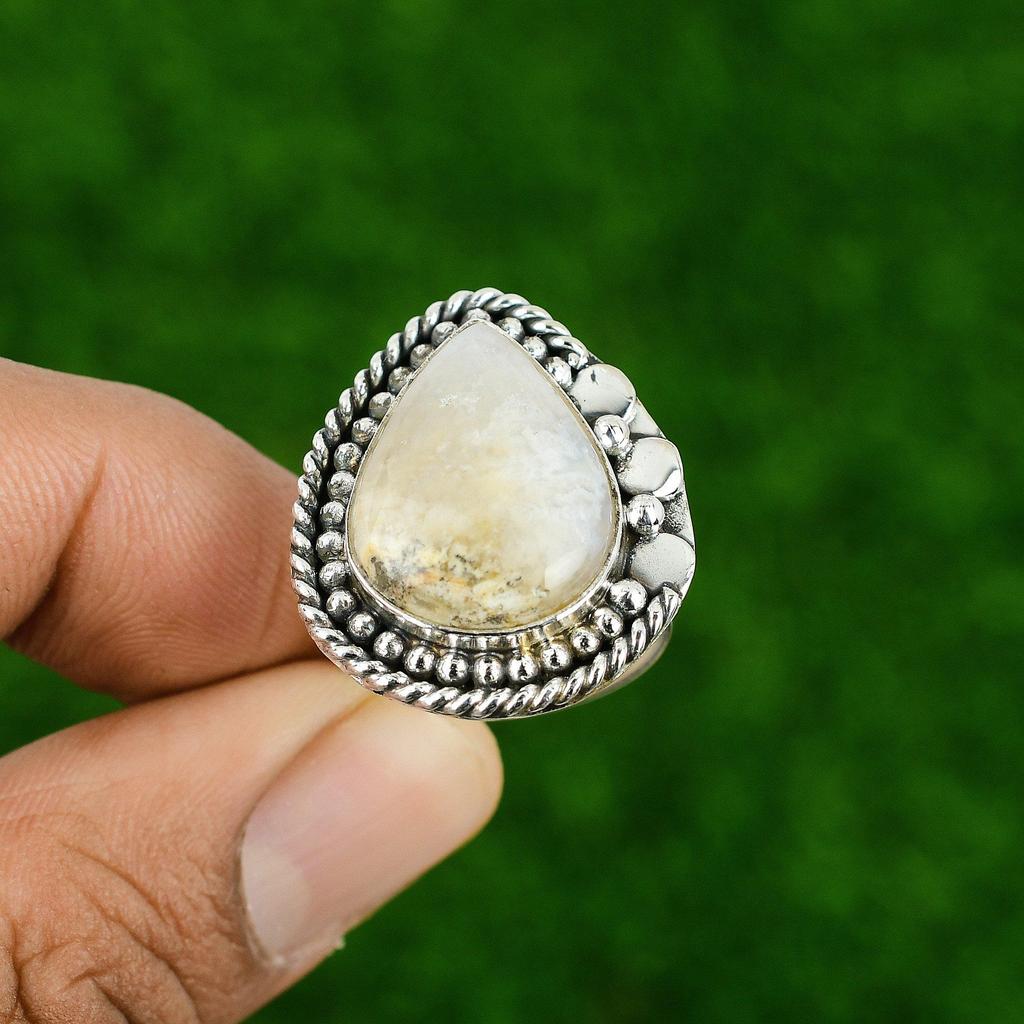 Mothers day Sale 925 Silver Plume Agate Stone Trendy Bezel Unique Promise Ring