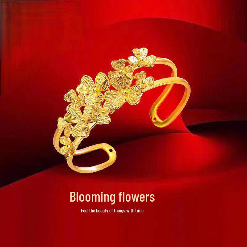 Golden Prosperous Open Flower Bangle: Versatile Women's Temperament Sand Gold Bracelet