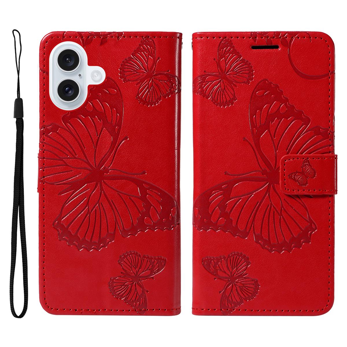 

For iPhone 17 Wallet Case Floral Butterfly Imprinted Leather Phone Cover Stand Red