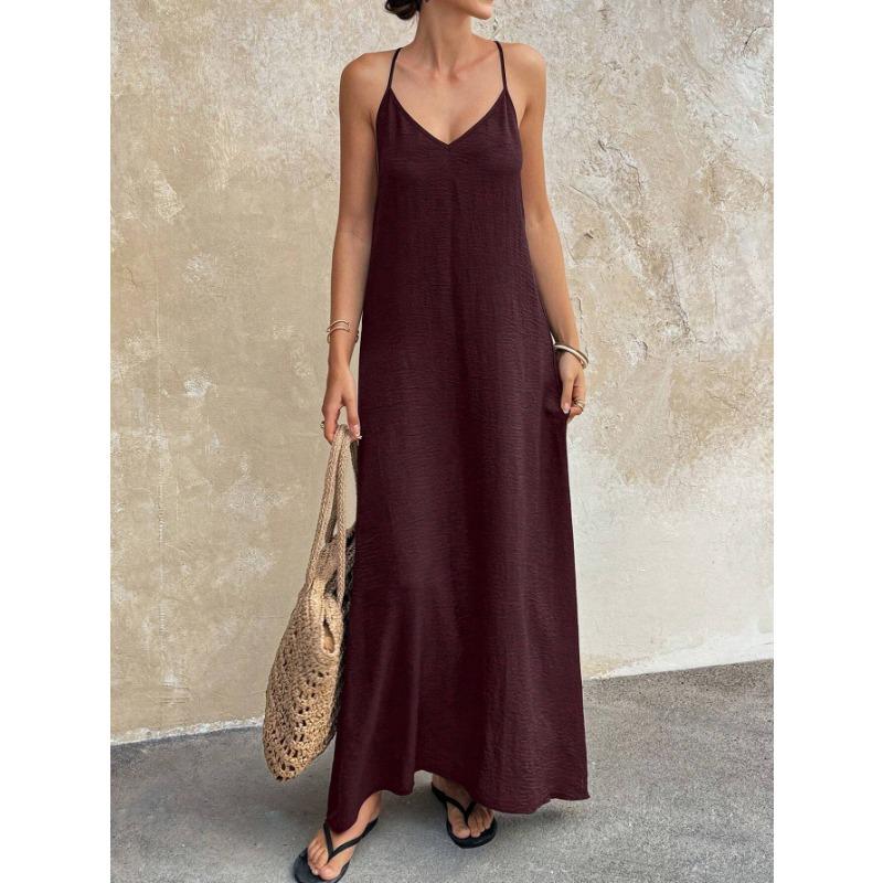 Damen Mode Lässig Einfarbige V-Ausschnitt Rückenfrei Ärmelloses Cami Langes Kleid