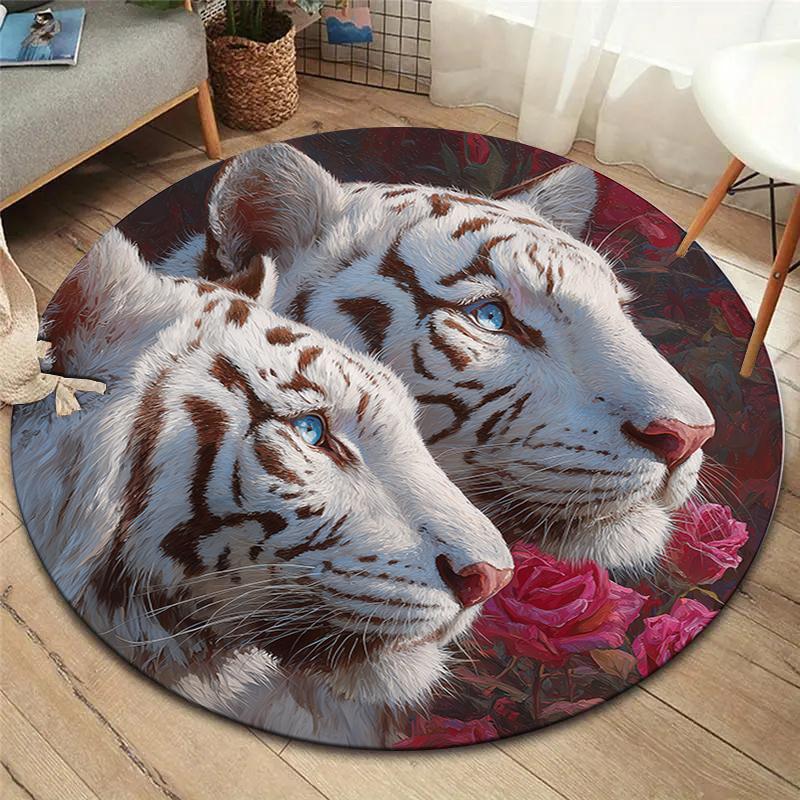 Roses and Tigers, Leopards Round Area Rug,Carpet Rug for Living Room Bedroom Sofa Playroom Decor,Non-slip Floor Mat