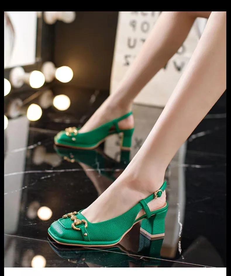 Fashion Women's Mid-heel 5.5CM 2025 Summer French Style Back Empty Female Thick Heel Square Toe Shoes Black Green