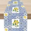 Blue Lemon Fruit Italian Tiles Linen Table Runner Dresser Scarve Decor Farmhouse Kitchen Dining Table Runner Holiday Party Decor