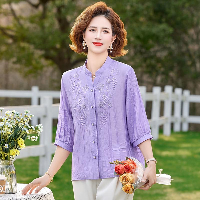 Mother s Summer Embroidered Seven-Sleeve Cardigan Shirt - New 2026 Casual Commuting Style XL