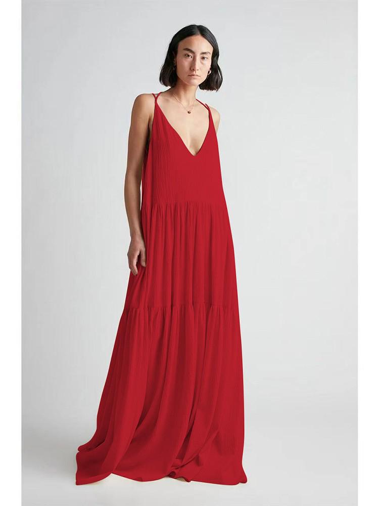 European Women's Summer Pleated Irregular Maxi Dress with Adjustable Straps