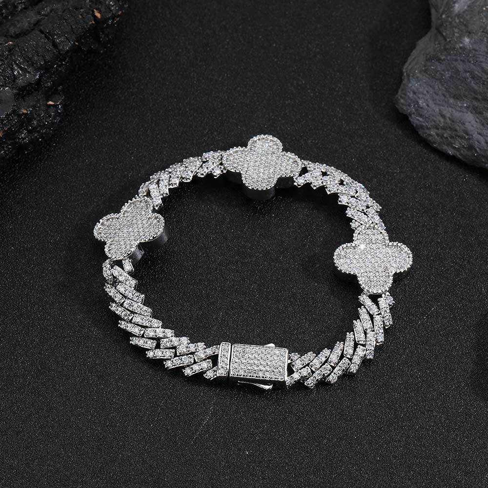 Clover Cuban Link Chain Bracelet for Women Single Row Diamond Gold Prong Set Cuban Link Bracelet 7inch(17.78cm) серебряный