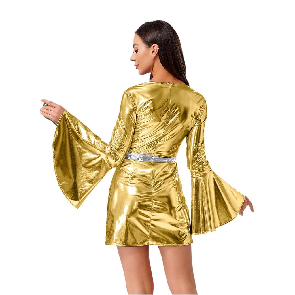 Womens 70s Disco Costume V Neck Flared Sleeve Crystal Decor Metallic Shiny Bodycon Dress