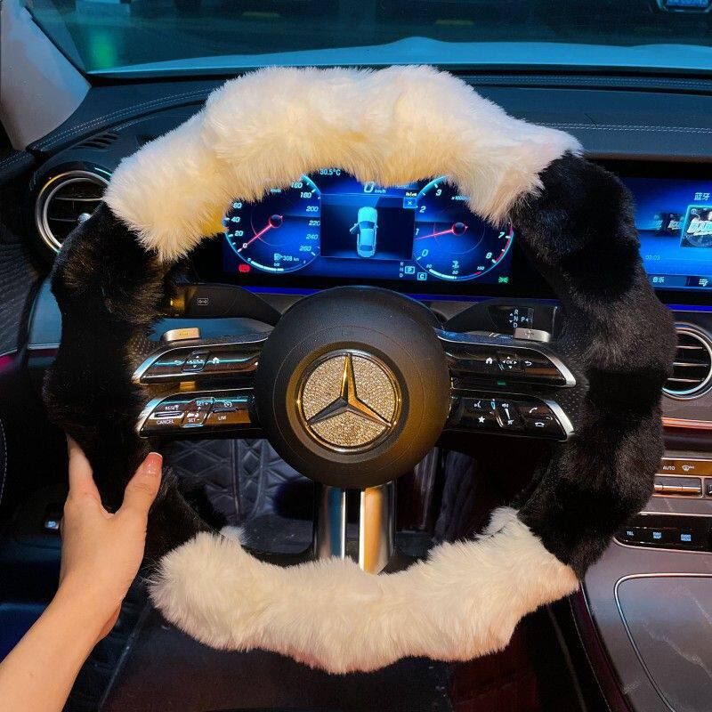 

Car Steering Wheel Cover Winter Warm and Cute Cartoon Cyber Celebrity Men and Women Stuffed Non Slip Heating Hand Warmer Car Handle Cover Long Hair Wavy Black and White