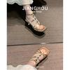 Fashion 2025 Fashion Women's Sandals Square Toe Chain Thick Mid Heels Cow Split Leather Crystal High Quality Summer Shoes