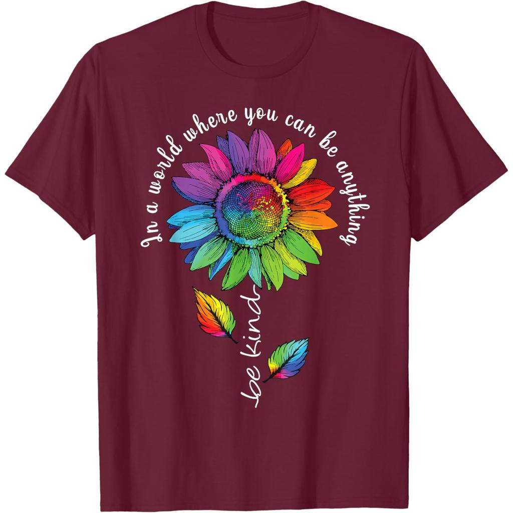 Rainbow Sunflower Be Kind Autism Awareness Graphic Tee Casual Cotton T-Shirt Unisex