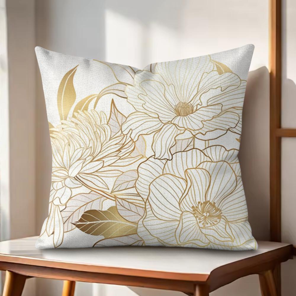 Golden Flower Cushion Cover Natural Linen Organic Fabric DoubleSided Printing Couch Pillow Covers Home Decor Gift