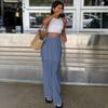 Women Pants Elastic High Waist Wide Leg Casual Trousers Pure Color Hollow Embroidery Casual Trousers with Liner Daily Wear