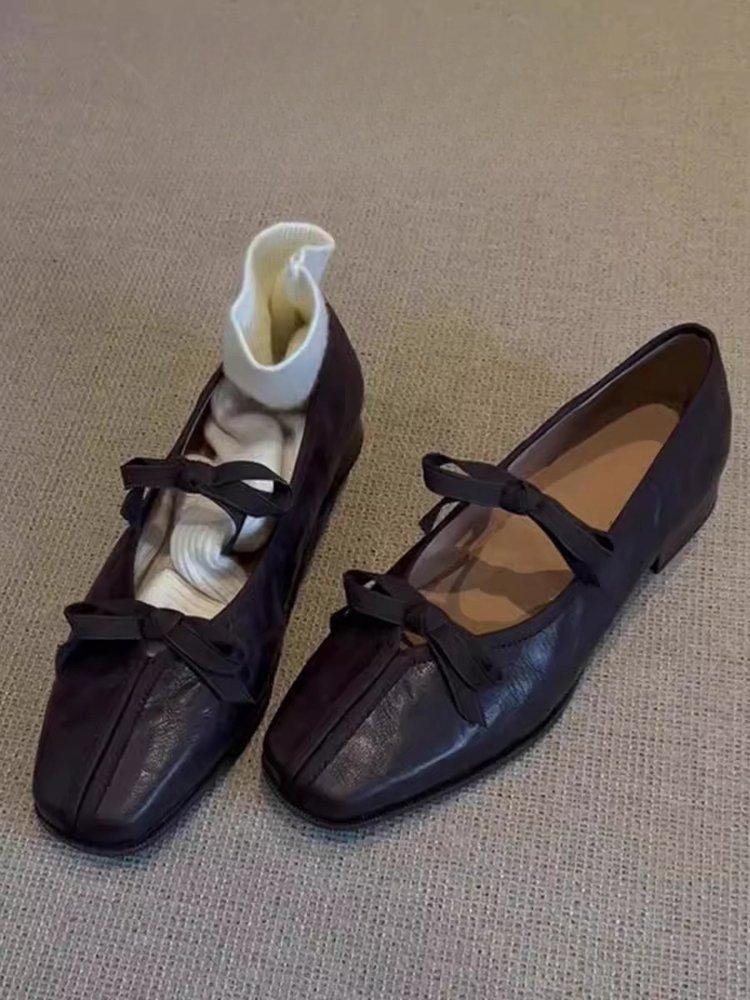 

Soft leather version~ Square head retro bow Mary Jane shoes women s shallow mouth one pedal low heel French ballet style single shoes 40 коричневый