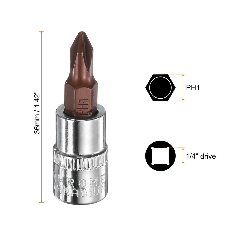 3pcs Phillips Bit Socket PH1 PH2 PH3 1/4" Square Drive Cross Head S2 & CR-V Steel Socket Ratchet Wrench Bits Socket Wrench