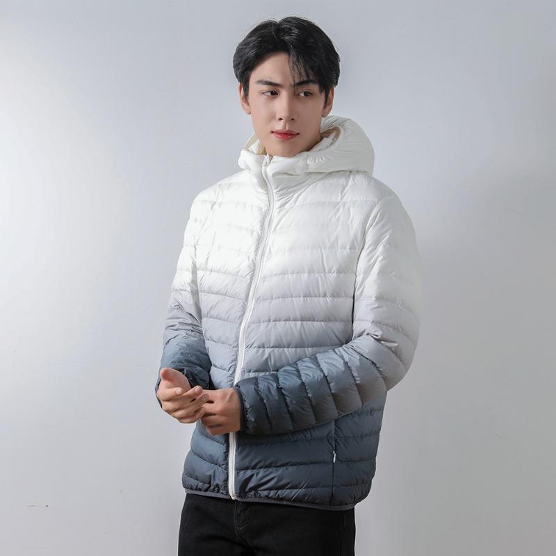 Men's 90 fleece light down jacket men's hooded hooded winter coat gradual change of color men's clothing