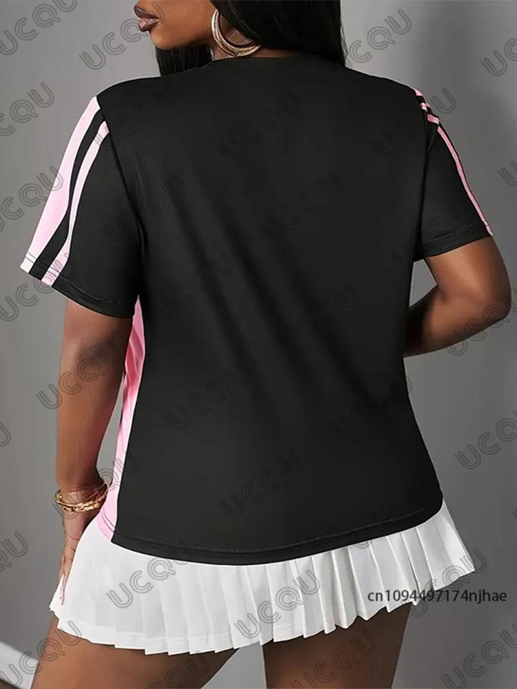 Summer Black and Pink Printed Women's T-Shirt, Short-Sleeve Sporty Soccer Jersey, Casual Loose Top