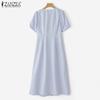 ZANZEA Elegant Women Short Sleeve Side Button Waist Pleated Casual Midi Office Dress
