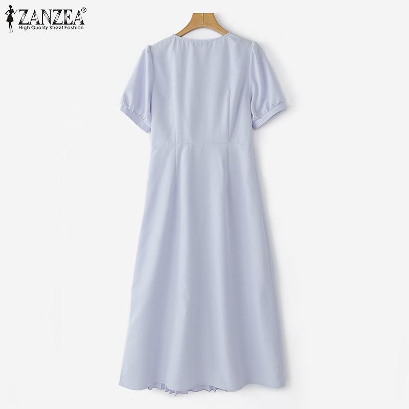 ZANZEA Elegant Women Short Sleeve Side Button Waist Pleated Casual Midi Office Dress