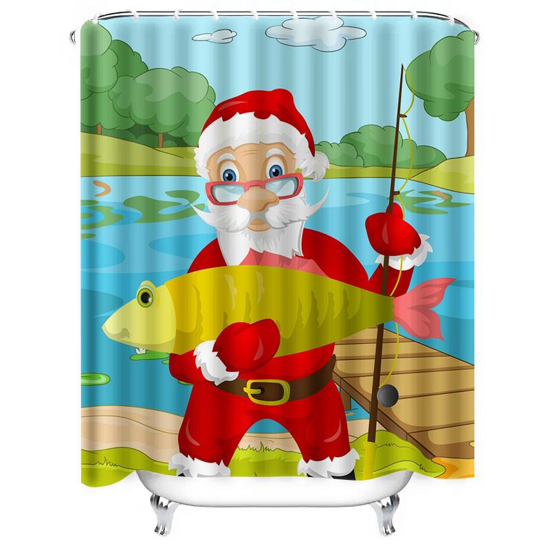 TU Fishing Santa Claus Shower Curtain Christmas Holiday Coastal Beach Bathroom Decor Waterproof Set Vintage Rustic Farmhouse Sty