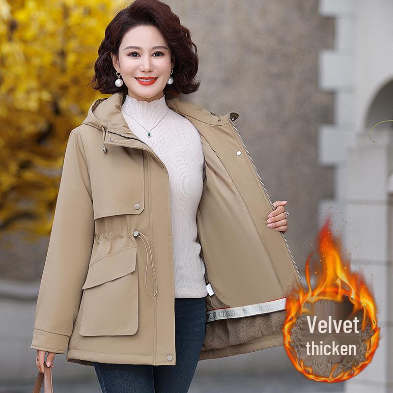 

Plus Velvet Thick Hooded Cotton Jacket for Moms - Winter 2025 Style, Middle-Aged & Elderly Women s Plus Size Coat 2XL (suggested 105-120 jin) хакі
