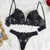 European & American Deep V Embroidered Lace Lingerie Set: Ultra-Thin Chest Minimizing Bra.