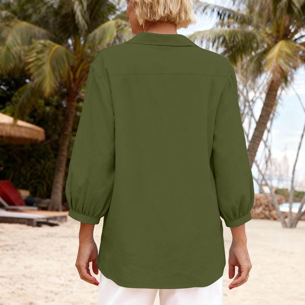 Women Casual Loose Fit Tunic Top V Neck Collared Three Quarter Sleeve Lightweight Blouse for Everyday Wear