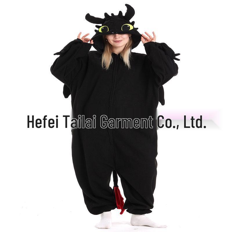 In Stock: Cartoon Dragon Onesie Pajamas for Couples and Kids - Black & White Design