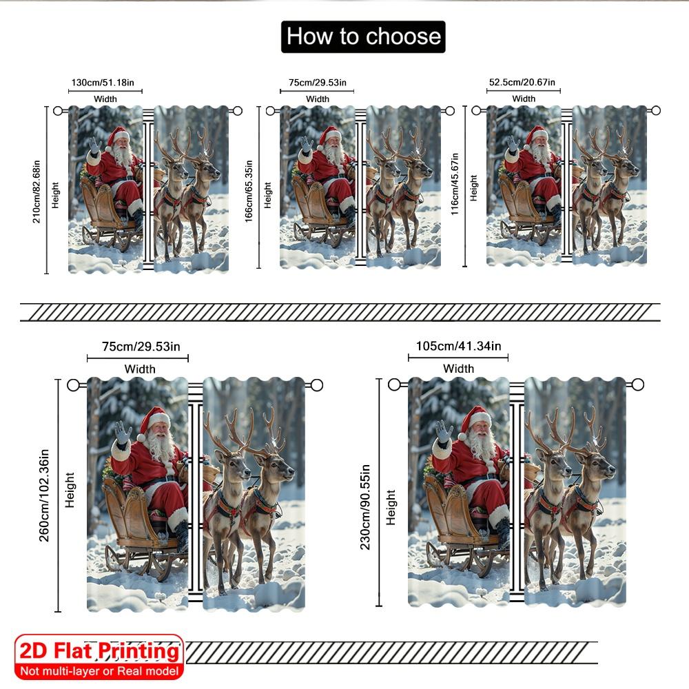 2pcs 2D flat printing Christmas Scene Curtain Santa Sleigh Reindeer Snow 100% Polyester Fabric Without Electricity Family Party
