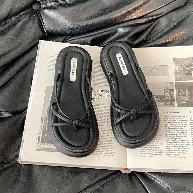 

Muffin thick-soled herringbone cool slippers women s shoes outer wear summer fashion casual non-slip heightening thin strap Roman sandals 35 чёрный