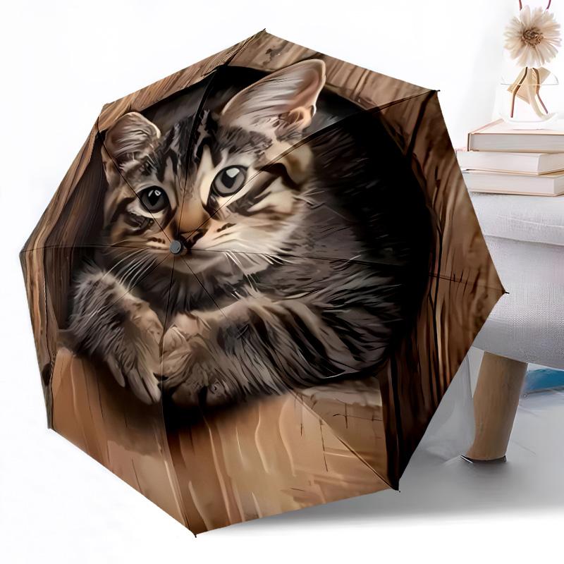 Flauschige Katze Fantasy Tragbarer Automatischer Regenschirm mit 8 Speichen Leichter Ganzjahres-Regenschirm für Reisen Outdoor-Zubehör