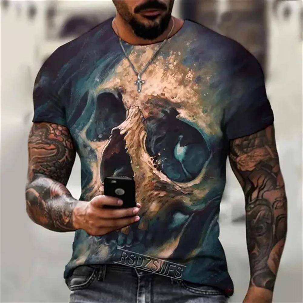 Summer Round Neck 3D Interesting and Terrifying Skull Pattern Print Top Fashionable Casual Short Sleeved Men's T-shirts