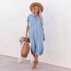 Women's Casual Loose Solid Color Short Sleeved Long Slit Shirt Dress with Shoulder Sleeves and Button Up Dress