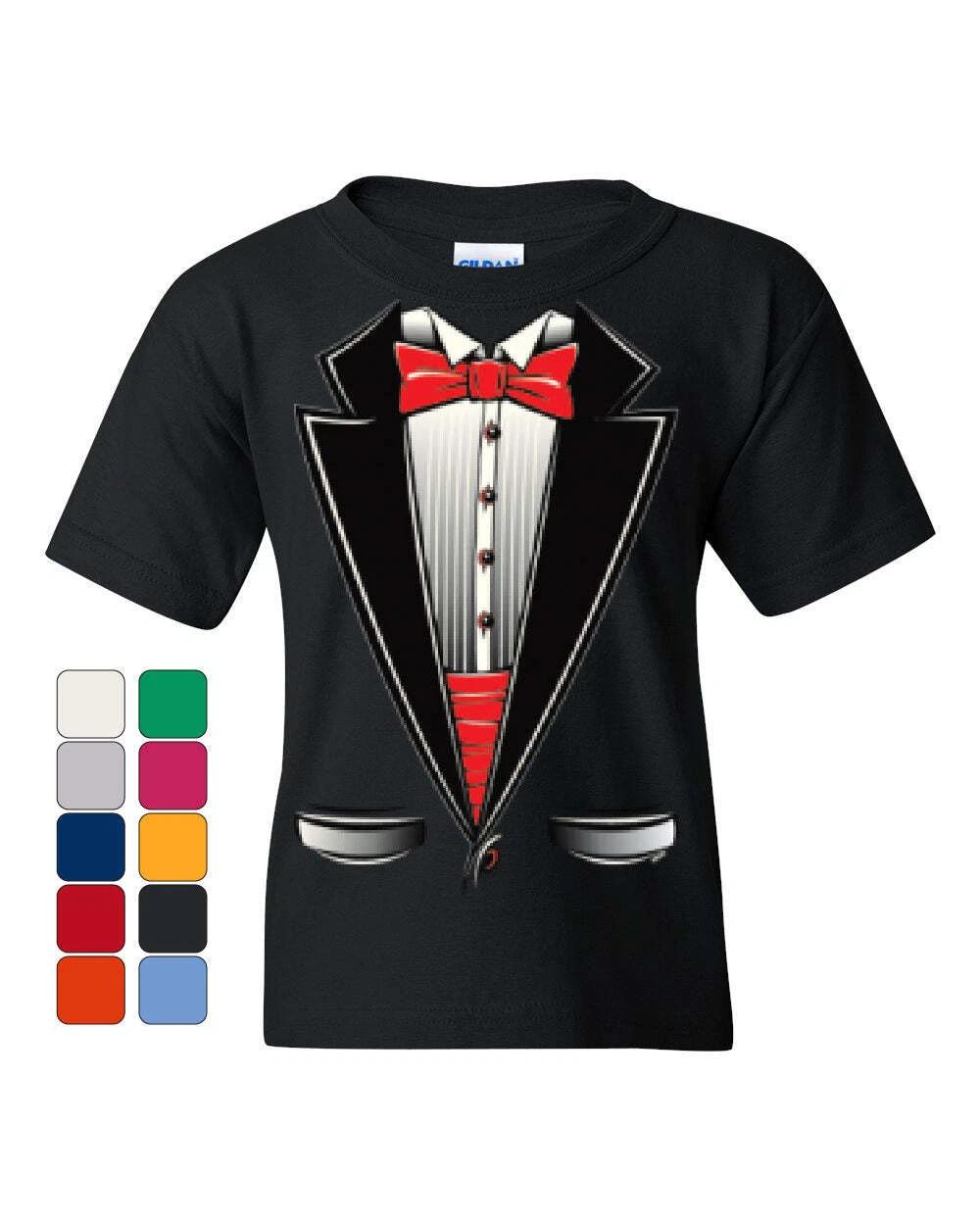 Funny Tuxedo Bow Tie Youth kids boys T-Shirt Tux Wedding Party Tee 100