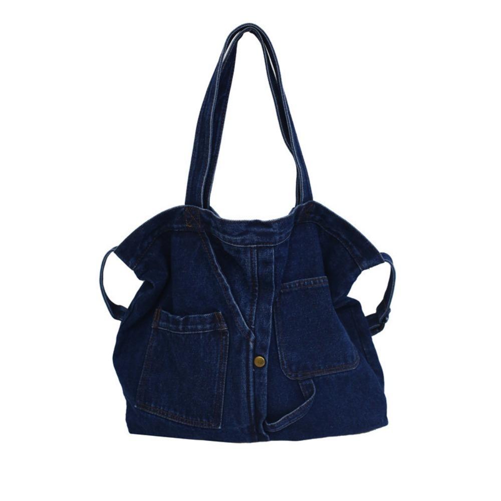 

Portable Denim Cloth Casual Handbag Blue Zipper Shoulder Bag Square Shape Shopping Bag Unisex темно-синього кольору