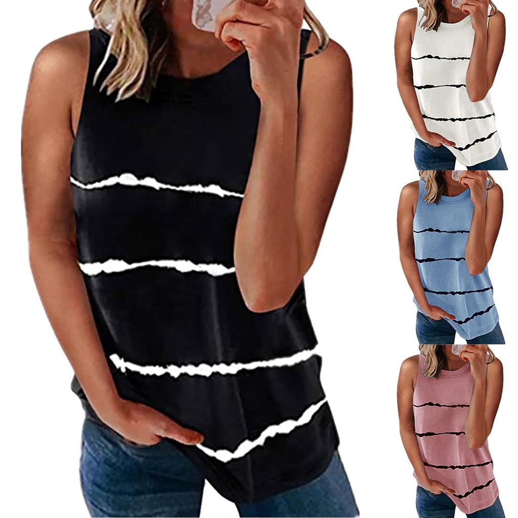 Fashion Women's Loose Sleeveless T-shirt Round Neck Striped Print Tops