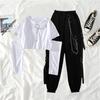 Spring Autumn Women Harajuku Cargo Pants Handsome Cool Two-piece Suit Chain Long Sleeve+Ribbon Pants