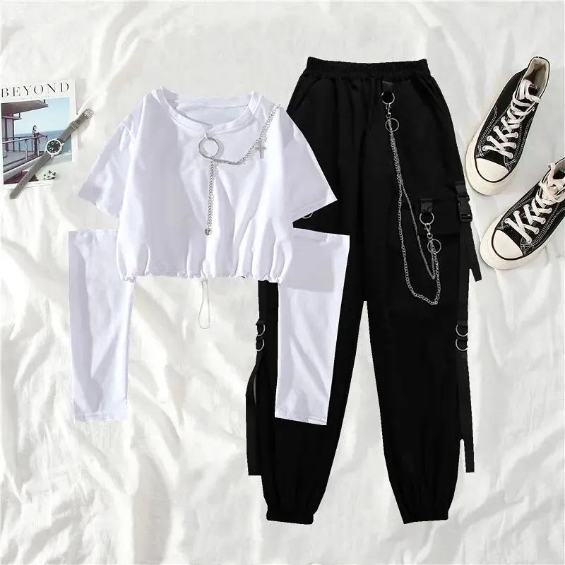 Spring Autumn Women Harajuku Cargo Pants Handsome Cool Two-piece Suit Chain Long Sleeve+Ribbon Pants