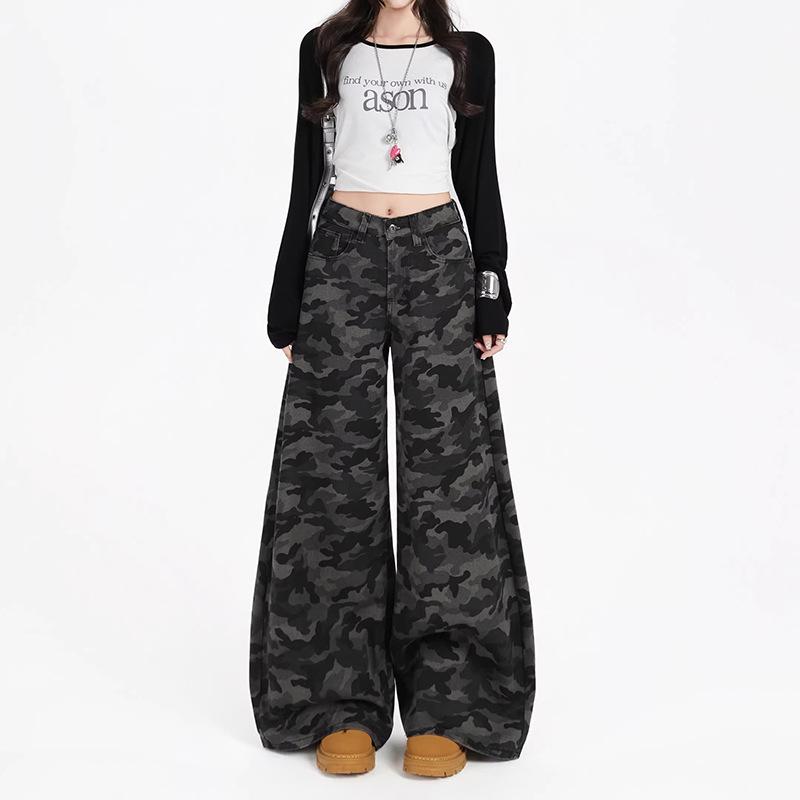 Women s High Waist Denim Pants Wide Leg Loose Fit Casual Camo Cargo Trousers S
