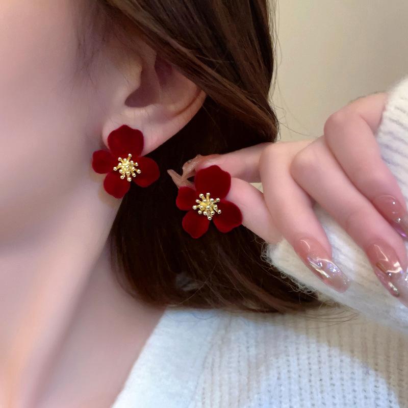 Vintage Wine Red And black Velvet Flower Stud Earrings For Women Fine Zircon Gift Accessories