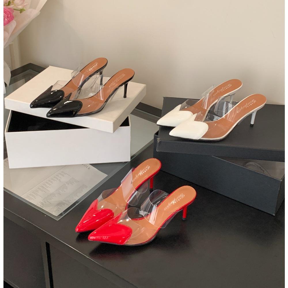 Pantofi eleganți cu toc înalt tip mules, cu vârf ascuțit, PVC transparent și inimă, pentru femei 2025, negri, albi, roșii, pantofi de lux de designer