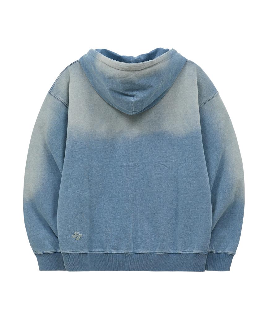 Hoodhood Clover Logo Applique Washed Denim Zip-Up Hoodie Light Blue