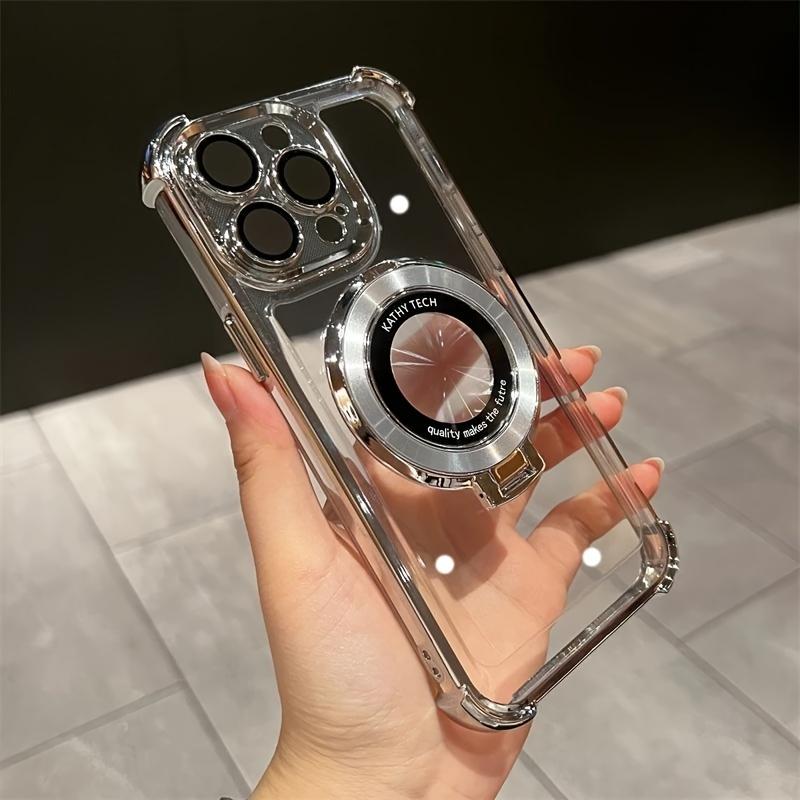 Luxury Magnetic Plating Stand Shockproof Clear Case  For iPhone 17 16 15 14 13 12 11 Pro Max Plus Shockproof Acrylic Back Cover