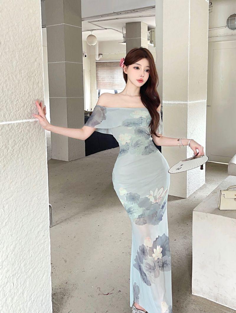 

Gentle one-word shoulder national style printed dress women s summer new mesh lady temperament slim long hip skirt L