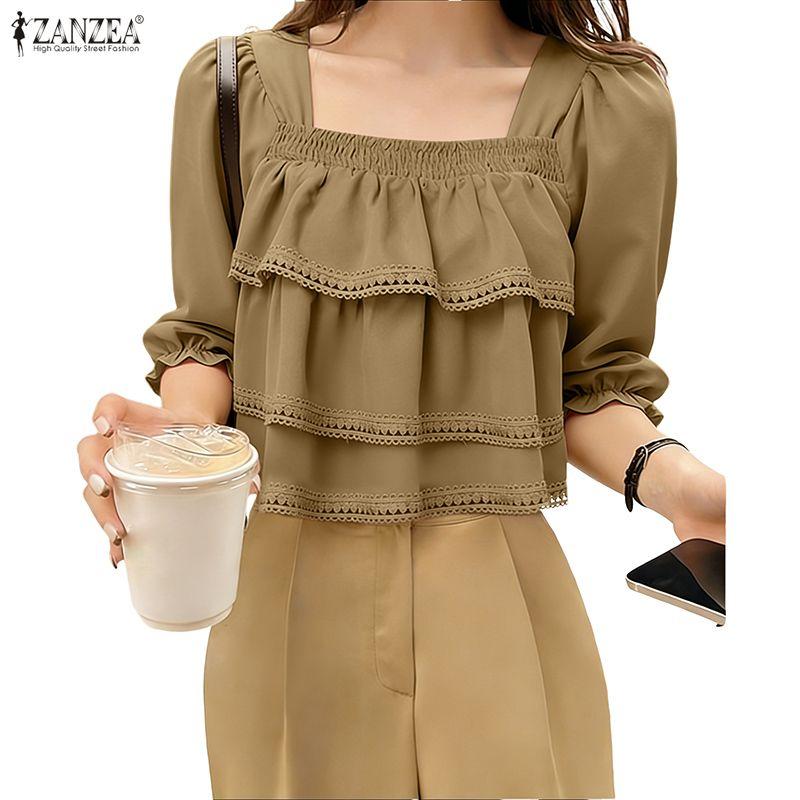 ZANZEA Damen Freizeit Bluse mit eckigem Ausschnitt Sommer Halbarm