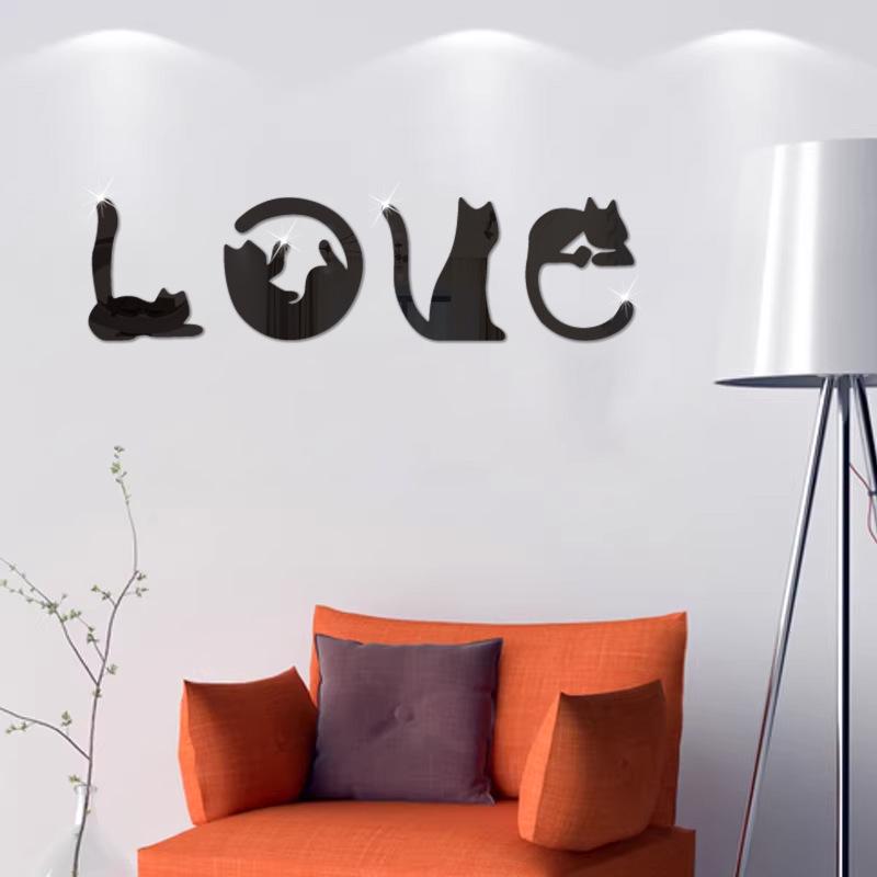 3D Acrylic Cat Cartoon Animal Mirror Wall Sticker - LOVE Design for Bedroom/TV Background