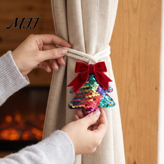 Versatile Decorative Binding Rope Sequined Tree Curtain Tieback, Sparkling Christmas Holder with Gift Wrapping Bows Bow, Drapery Holdback for Holiday